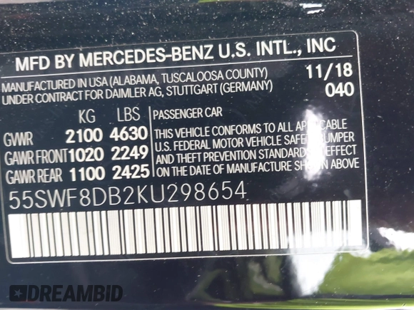 2019 Mercedes-Benz C 300 with VIN 55SWF8DB2KU298654, listed as a IAAI auction lot 42153735 with 58,260 mi miles and . Bid and sale history available at DreamBid. Image 9.