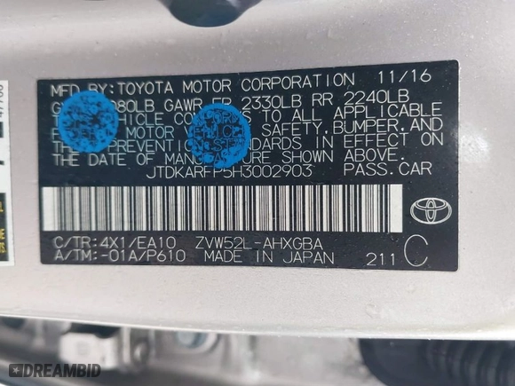 2017 Toyota Prius Prime Plus with VIN JTDKARFP5H3002903, listed as a IAAI auction lot 41520147 with NaN miles. Bid and sale history available at carsss.com. Image 9.