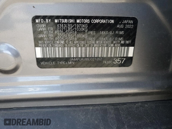 2022 Mitsubishi Outlander ES with VIN JA4APUAU8NU021052, listed as a Copart auction lot 48695825 with 57,554 mi miles and Salvage title. Bid and sale history available at DreamBid. Image 13.