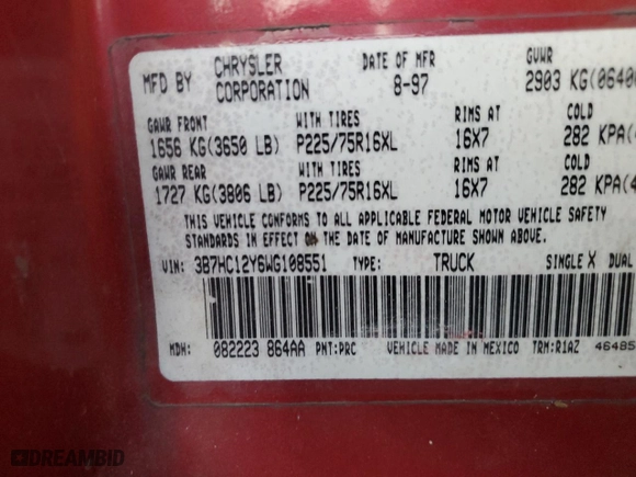 1998 Dodge Ram 1500 with VIN 3B7HC12Y6WG108551, listed as a Copart auction lot 83425444 with 380,107 mi miles and Salvage Title. Bid and sale history available at carsss.com. Image 14.