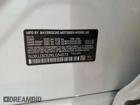 2019 BMW X4 xDrive30i with VIN 5UXUJ3C52KLG54573, listed as a Copart auction lot 53643064 with 32,670 mi miles and Non Repairable. Bid and sale history available at carsss.com. Image 15.
