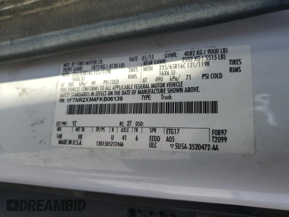 2015 Ford Transit with VIN 1FTNR2XM4FKB06139, listed as a Copart auction lot 67037084 with 366,127 mi miles and Clean Title. Bid and sale history available at DreamBid. Image 13.