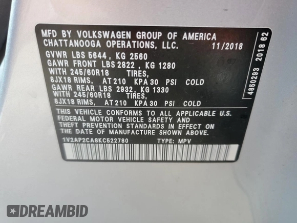 2019 Volkswagen Atlas S с VIN 1V2AP2CA8KC522780, выставлен на аукционе Copart как лот 48575365 с пробегом 66 357 миль миль и Списание • Salvage title. История ставок и продаж доступна на DreamBid. Изображение 14.