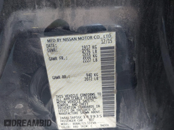 2016 Nissan Altima SV with VIN 1N4AL3AP1GC143935, listed as a IAAI auction lot 41220881 with 151,976 mi miles and . Bid and sale history available at DreamBid. Image 9.