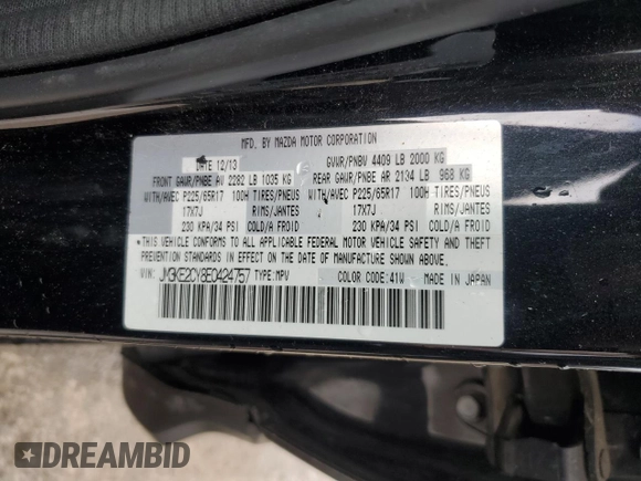 2014 Mazda CX-5 Touring with VIN JM3KE2CY8E0424757, listed as a Copart auction lot 54703195 with 111,401 mi miles and Salvage Title. Bid and sale history available at DreamBid. Image 13.