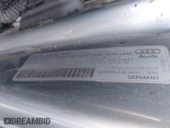 2006 Audi A8 4.2L with VIN WAUML44E36N011895, listed as a IAAI auction lot 40587166 with Not provided miles and . Bid and sale history available at DreamBid. Image 9.
