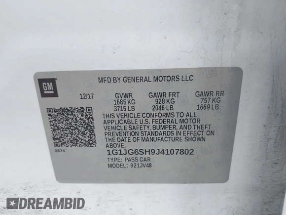 2018 Chevrolet Sonic LT with VIN 1G1JG6SH9J4107802, listed as a IAAI auction lot 42477241 with 107,091 mi miles and . Bid and sale history available at DreamBid. Image 9.