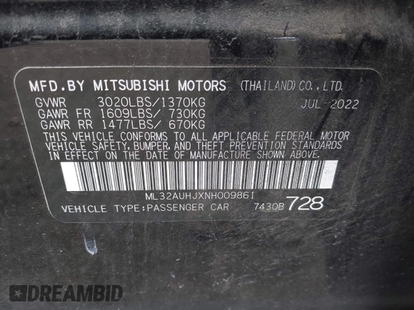 2022 Mitsubishi Mirage ES z VIN ML32AUHJXNH009861, wystawiony jako IAAI lot #42240241 z przebiegiem 47 041 mil mil oraz . Historia ofert i sprzedaży dostępna na DreamBid. Obrazek 9.