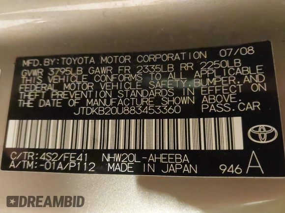 2008 Toyota Prius z VIN JTDKB20U883453360, wystawiony jako IAAI lot #42039236 z przebiegiem 186 192 mil mil oraz . Historia ofert i sprzedaży dostępna na DreamBid. Obrazek 9.