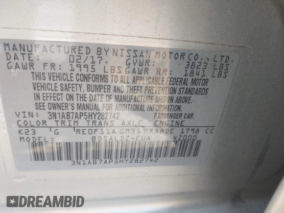 2017 Nissan Sentra S with VIN 3N1AB7AP5HY282742, listed as a IAAI auction lot 42667201 with 161,423 mi miles and . Bid and sale history available at DreamBid. Image 9.