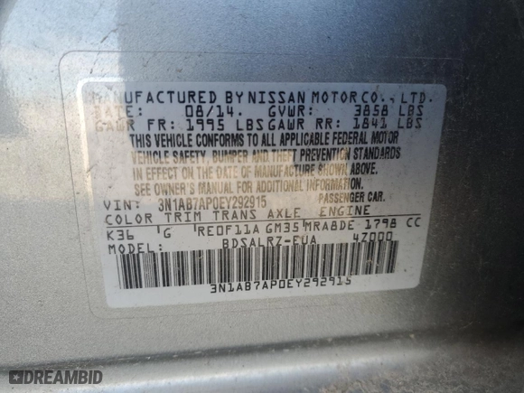 2014 Nissan Sentra SV with VIN 3N1AB7AP0EY292915, listed as a Copart auction lot 46246165 with 146,763 mi miles and Salvage Title. Bid and sale history available at carsss.com. Image 12.