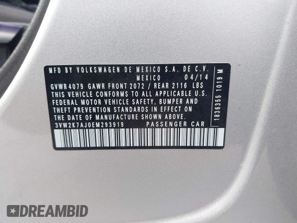 2014 Volkswagen Jetta S with VIN 3VW2K7AJ0EM293919, listed as a IAAI auction lot 42607936 with 189,681 mi miles and . Bid and sale history available at DreamBid. Image 9.