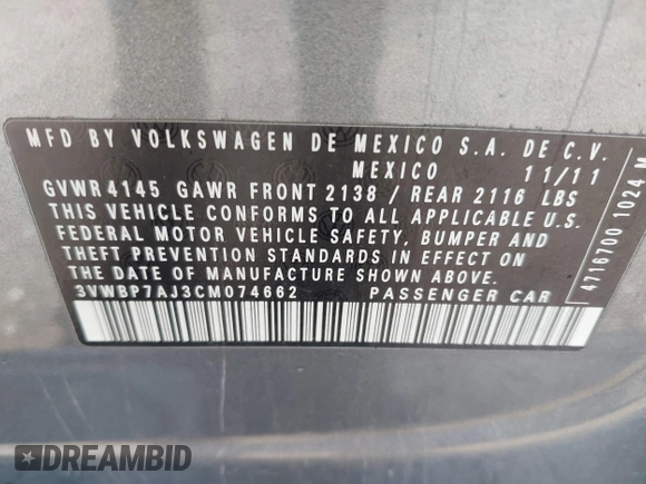 2012 Volkswagen Jetta SE with VIN 3VWBP7AJ3CM074662, listed as a IAAI auction lot 42282561 with 187,342 mi miles and . Bid and sale history available at DreamBid. Image 9.