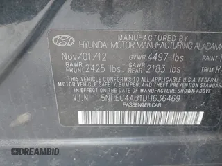 2013 Hyundai Sonata Limited with VIN 5NPEC4AB1DH636469, listed as a IAAI auction lot 42183823 with 186,219 mi miles and . Bid and sale history available at DreamBid. Image 9.