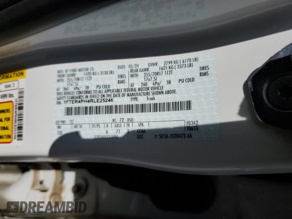 2024 Ford Ranger XL with VIN 1FTER4PH4RLE25246, listed as a Copart auction lot 57829235 with 328 mi miles and Salvage title. Bid and sale history available at DreamBid. Image 12.