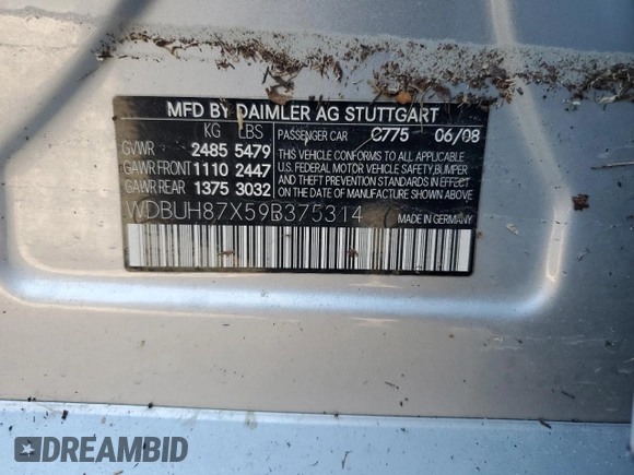 2009 Mercedes-Benz E 350 with VIN WDBUH87X59B375314, listed as a Copart auction lot 79952084 with Not Provided miles and Salvage Title. Bid and sale history available at DreamBid. Image 13.