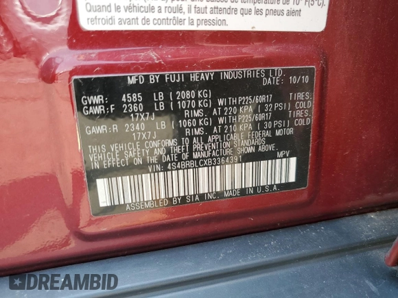 2011 Subaru Outback Limited Power Moon with VIN 4S4BRBLCXB3364391, listed as a Copart auction lot 61027615 with 111,027 mi miles and Salvage title. Bid and sale history available at DreamBid. Image 12.
