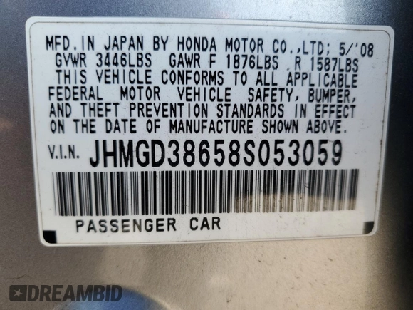 2008 Honda Fit Sport z VIN JHMGD38658S053059, wystawiony jako Copart lot #54262735 z przebiegiem 164 493 mil mil oraz Szkoda całkowita • Salvage title. Historia ofert i sprzedaży dostępna na DreamBid. Obrazek 13.