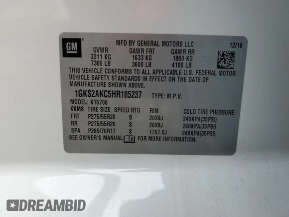 2017 GMC Yukon SLE with VIN 1GKS2AKC5HR185237, listed as a Copart auction lot 73799564 with 134,969 mi miles and Salvage Title. Bid and sale history available at carsss.com. Image 15.
