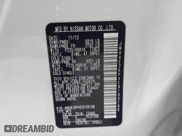 2014 Nissan Quest S with VIN JN8AE2KP4E9105188, listed as a IAAI auction lot 41691761 with 178,057 mi miles. Bid and sale history available at carsss.com. Image 9.
