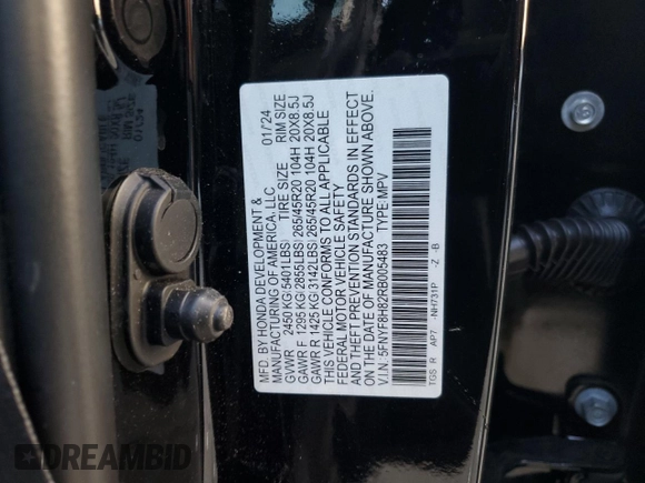 2024 Honda Passport Black Edition with VIN 5FNYF8H82RB005483, listed as a Copart auction lot 84479044 with Not provided miles and Salvage title. Bid and sale history available at DreamBid. Image 15.