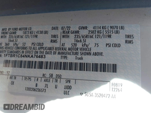 2022 Ford Transit Cargo with VIN 1FTBR1C84NKA76483, listed as a IAAI auction lot 40365786 with 28,854 mi miles and . Bid and sale history available at DreamBid. Image 9.