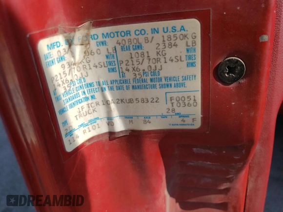 1989 Ford Ranger Splash with VIN 1FTCR10A2KUB58322, listed as a Copart auction lot 77710394 with 890,534 mi miles and Salvage Title. Bid and sale history available at DreamBid. Image 14.