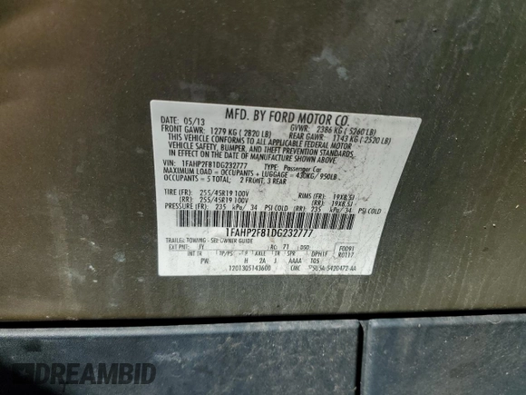 2013 Ford Taurus Limited with VIN 1FAHP2F81DG232777, listed as a Copart auction lot 54121625 with 160,271 mi miles and Clean title. Bid and sale history available at DreamBid. Image 12.