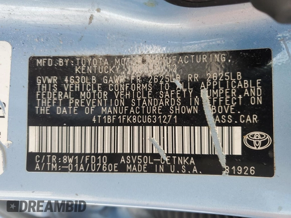 2012 Toyota Camry L with VIN 4T1BF1FK8CU631271, listed as a Copart auction lot 86181664 with 106,455 mi miles and Salvage Title. Bid and sale history available at carsss.com. Image 13.