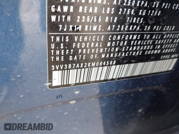 2019 Volkswagen Tiguan SE with VIN 3VV3B7AX2KM064568, listed as a IAAI auction lot 42008754 with 53,132 mi miles and . Bid and sale history available at DreamBid. Image 9.