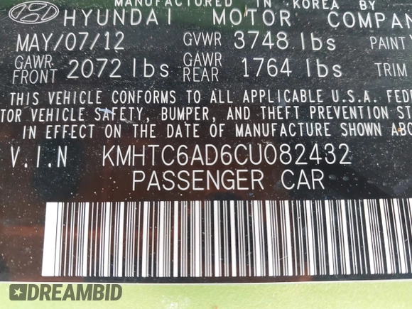 2012 Hyundai Veloster w/Gray Int with VIN KMHTC6AD6CU082432, listed as a IAAI auction lot 42121082 with 153,487 mi miles and . Bid and sale history available at DreamBid. Image 9.