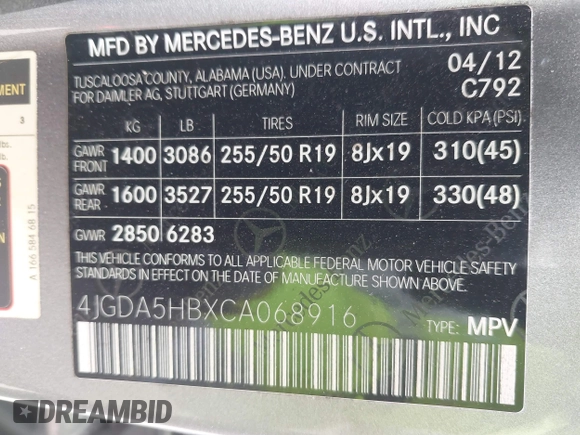 2012 Mercedes-Benz M ML 350 with VIN 4JGDA5HBXCA068916, listed as a IAAI auction lot 42096508 with 69,881 mi miles and . Bid and sale history available at carsss.com. Image 9.