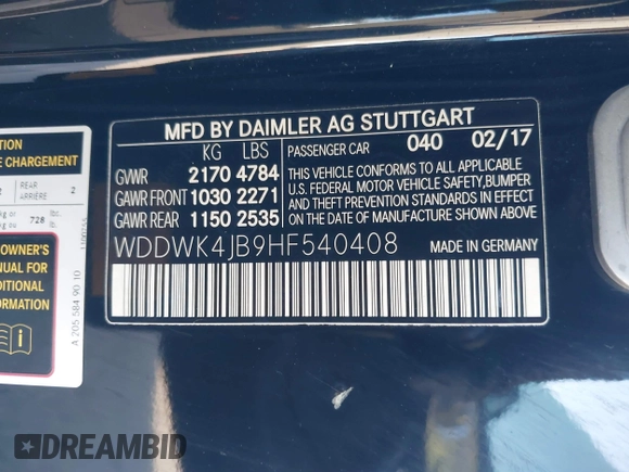 2017 Mercedes-Benz C 300 with VIN WDDWK4JB9HF540408, listed as a IAAI auction lot 41262217 with 95,023 mi miles and . Bid and sale history available at DreamBid. Image 9.