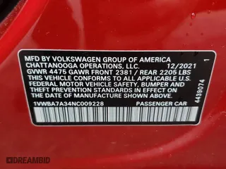 2022 Volkswagen Passat 2.0T Limited Edition with VIN 1VWBA7A34NC009228, listed as a Copart auction lot 84462874 with 37,018 mi miles and Salvage Title. Bid and sale history available at carsss.com. Image 12.