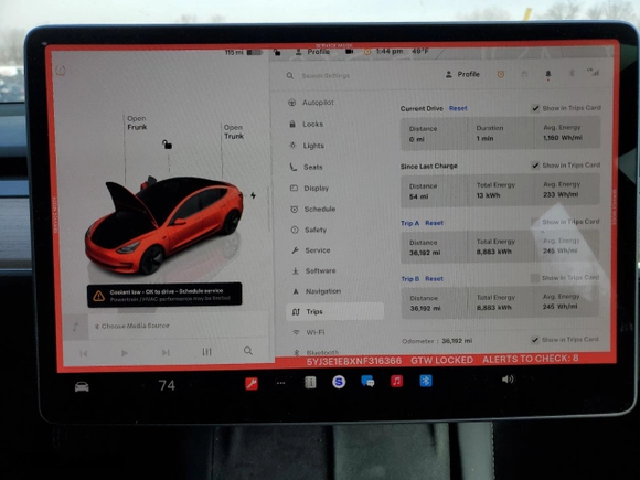 2022 Tesla Model 3 Long Range with VIN 5YJ3E1EBXNF316366, listed as a Copart auction lot 45661055 with 36,192 mi miles and Salvage Title. Bid and sale history available at carsss.com. Image 9.