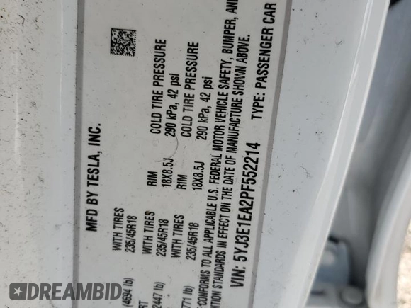 2023 Tesla Model 3 с VIN 5YJ3E1EA2PF552214, выставлен на аукционе Copart как лот 56596875 с пробегом 38 356 миль миль и Списание • Salvage title. История ставок и продаж доступна на DreamBid. Изображение 12.