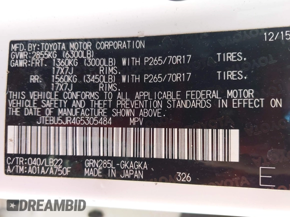2016 Toyota 4Runner Limited with VIN JTEBU5JR4G5305484, listed as a IAAI auction lot 42680109 with 152,128 mi miles and . Bid and sale history available at DreamBid. Image 9.
