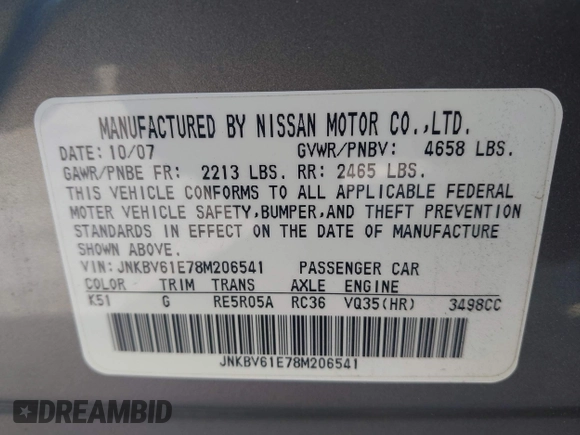 2008 Infiniti G35 Journey with VIN JNKBV61E78M206541, listed as a IAAI auction lot 42759888 with 153,719 mi miles and . Bid and sale history available at DreamBid. Image 9.