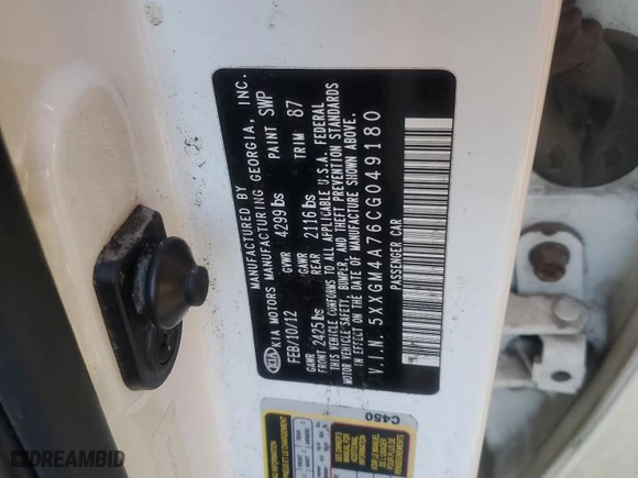 2012 Kia Optima LX with VIN 5XXGM4A76CG049180, listed as a Copart auction lot 43078815 with 172,923 mi miles and Salvage Title. Bid and sale history available at carsss.com. Image 12.