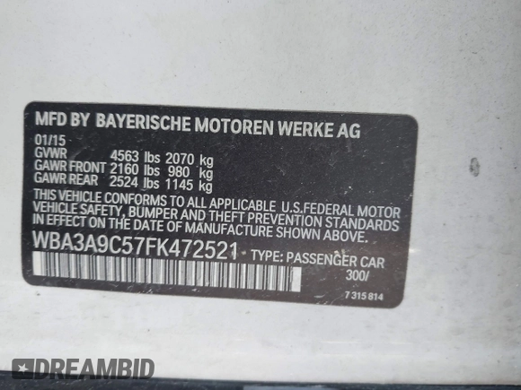 2015 BMW 3 Series 335i with VIN WBA3A9C57FK472521, listed as a IAAI auction lot 42672174 with Not provided miles and . Bid and sale history available at DreamBid. Image 9.