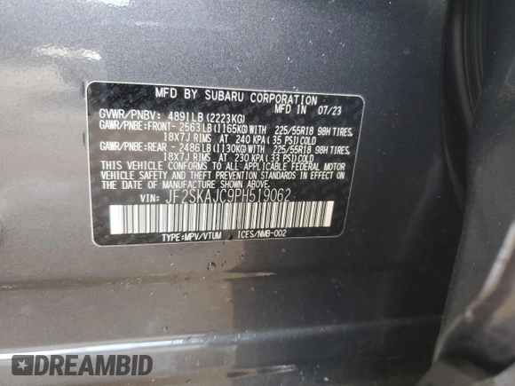 2023 Subaru Forester Special Sports with VIN JF2SKAJC9PH519062, listed as a Copart auction lot 57493575 with 11,588 mi miles and Salvage title. Bid and sale history available at DreamBid. Image 14.