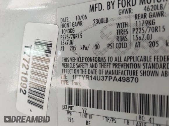 2007 Ford Ranger XL with VIN 1FTYR14U37PA49870, listed as a IAAI auction lot 42824697 with 230,509 mi miles and . Bid and sale history available at DreamBid. Image 9.