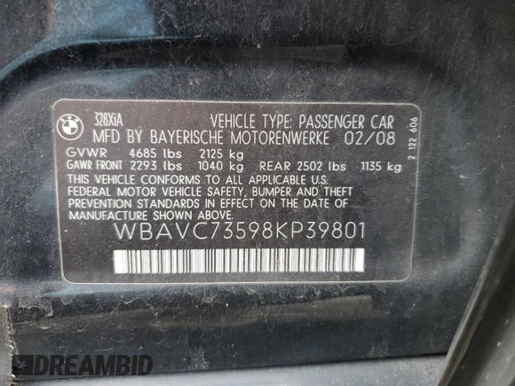 2008 BMW 3 Series 328xi with VIN WBAVC73598KP39801, listed as a Copart auction lot 43530145 with 140,626 mi miles and Salvage Title. Bid and sale history available at carsss.com. Image 12.