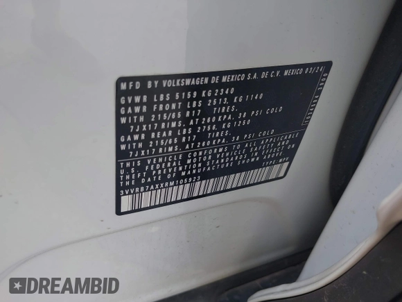 2024 Volkswagen Tiguan S with VIN 3VVRB7AXXRM105923, listed as a IAAI auction lot 42052697 with 18,421 mi miles and . Bid and sale history available at DreamBid. Image 8.