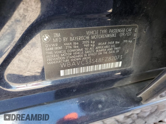 2008 BMW 3 Series 328i with VIN WBAVC53548FZ82073, listed as a Copart auction lot 46715705 with 92,516 mi miles and Salvage Title. Bid and sale history available at DreamBid. Image 12.