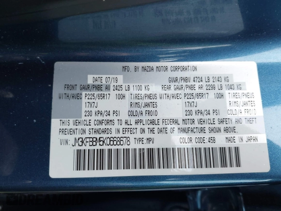 2019 Mazda CX-5 Sport with VIN JM3KFBBM5K0668678, listed as a IAAI auction lot 41811146 with 102,634 mi miles and . Bid and sale history available at DreamBid. Image 9.