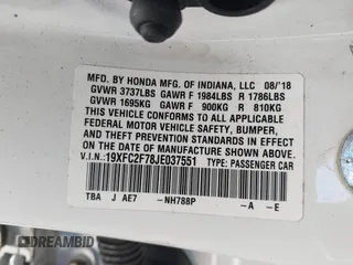 2018 Honda Civic Sedan EX with VIN 19XFC2F78JE037551, listed as a IAAI auction lot 41733255 with 93,664 mi miles. Bid and sale history available at carsss.com. Image 9.