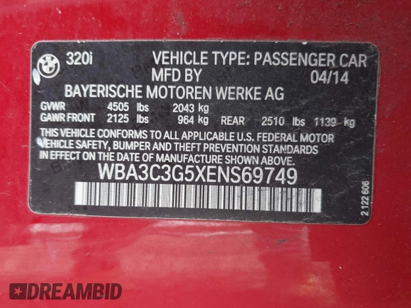 2014 BMW 3 Series 320i xDrive with VIN WBA3C3G5XENS69749, listed as a IAAI auction lot 42052481 with 112,306 mi miles and . Bid and sale history available at carsss.com. Image 9.