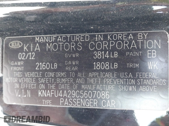 2012 Kia Forte EX with VIN KNAFU4A29C5607086, listed as a IAAI auction lot 41537069 with 204,355 mi miles. Bid and sale history available at carsss.com. Image 9.