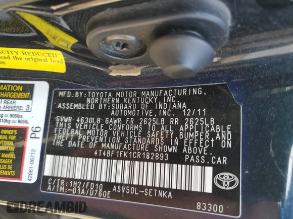 2012 Toyota Camry L with VIN 4T4BF1FK1CR182893, listed as a Copart auction lot 54243755 with 170,412 mi miles and Salvage Title. Bid and sale history available at DreamBid. Image 12.